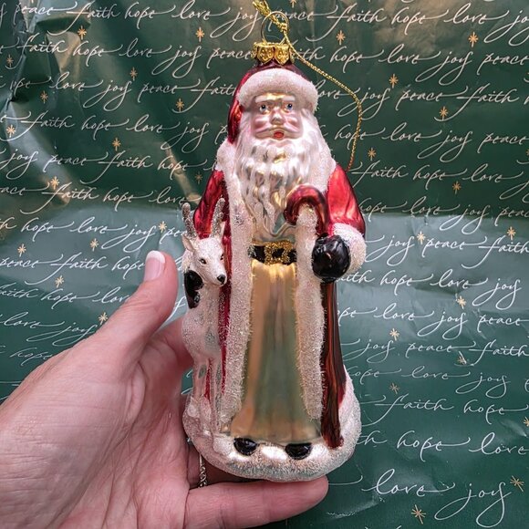 Shepard Santa w/ Reindeer Hand Painted Blown Glass Glitter Christmas Ornament - Picture 1 of 8
